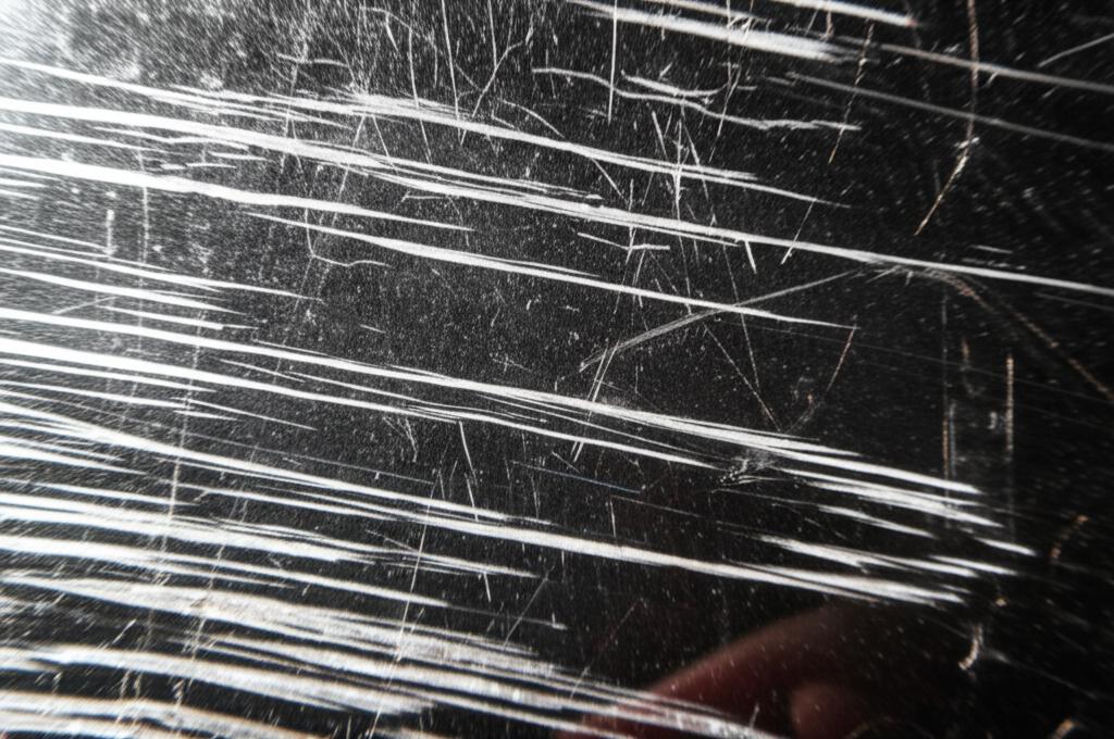 Close up of a scratched and swirled car paint, showing the damage.