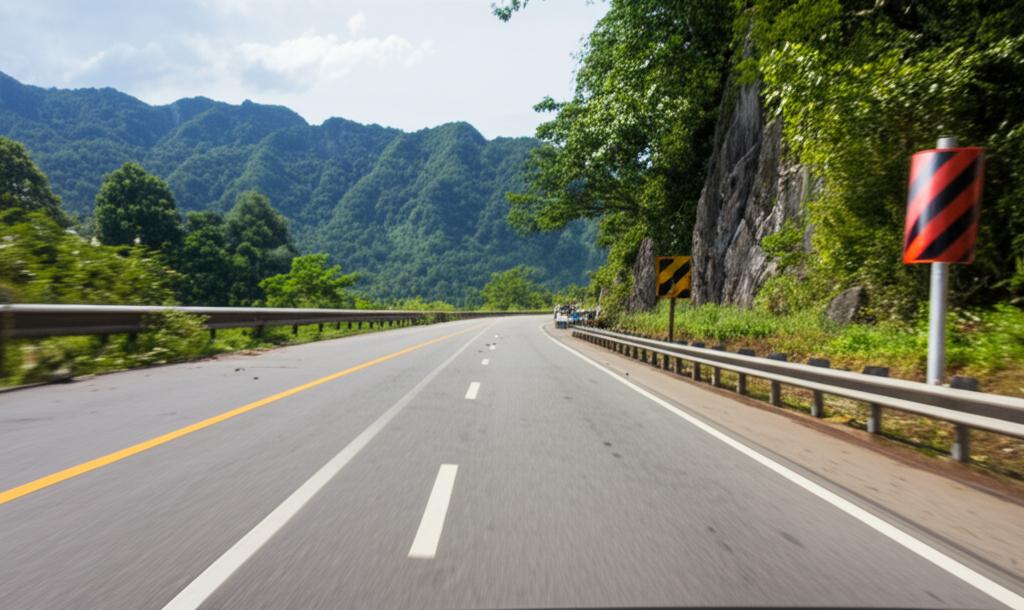 Car driving on a scenic Thai road with potential debris