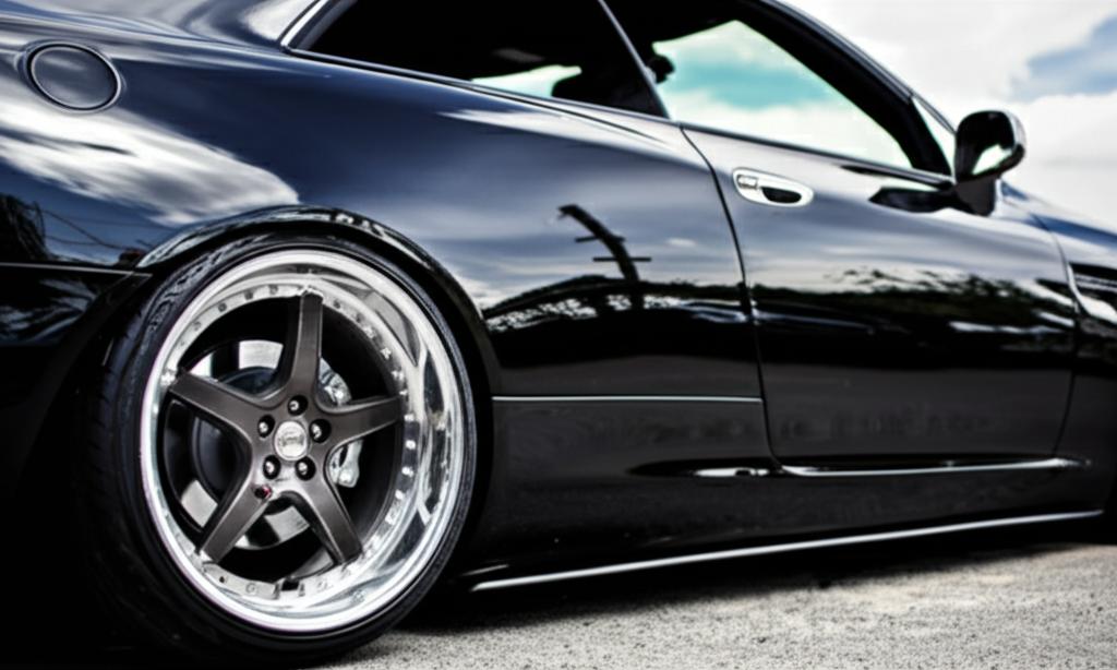 A sleek car with custom wheels, showing a reflection on its flawless paintwork.
