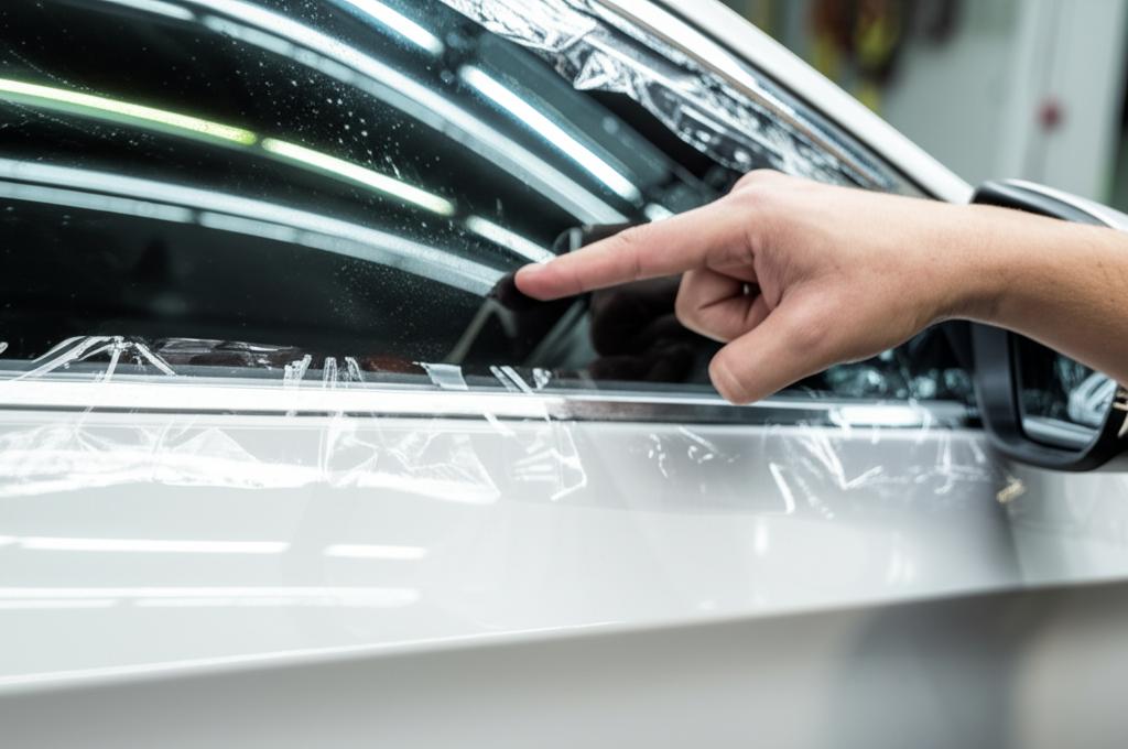 Close-up of clear protective film being applied to a car panel