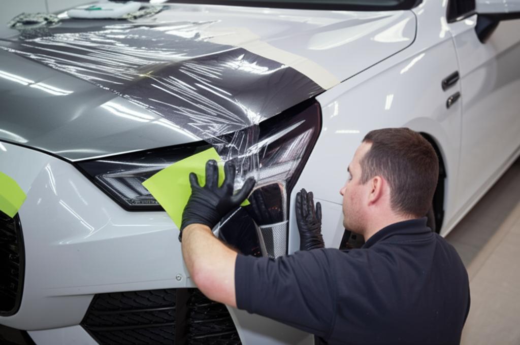 Skilled technician applying TPU film to a car panel