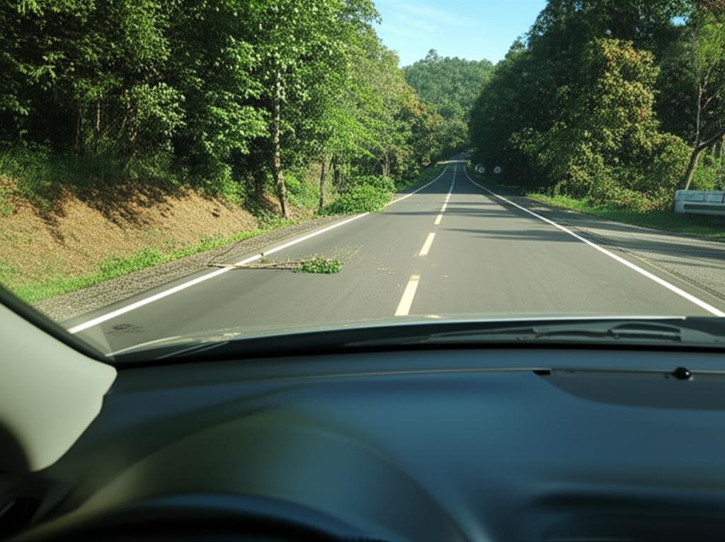 Car driving on a scenic road in Thailand with potential road hazards