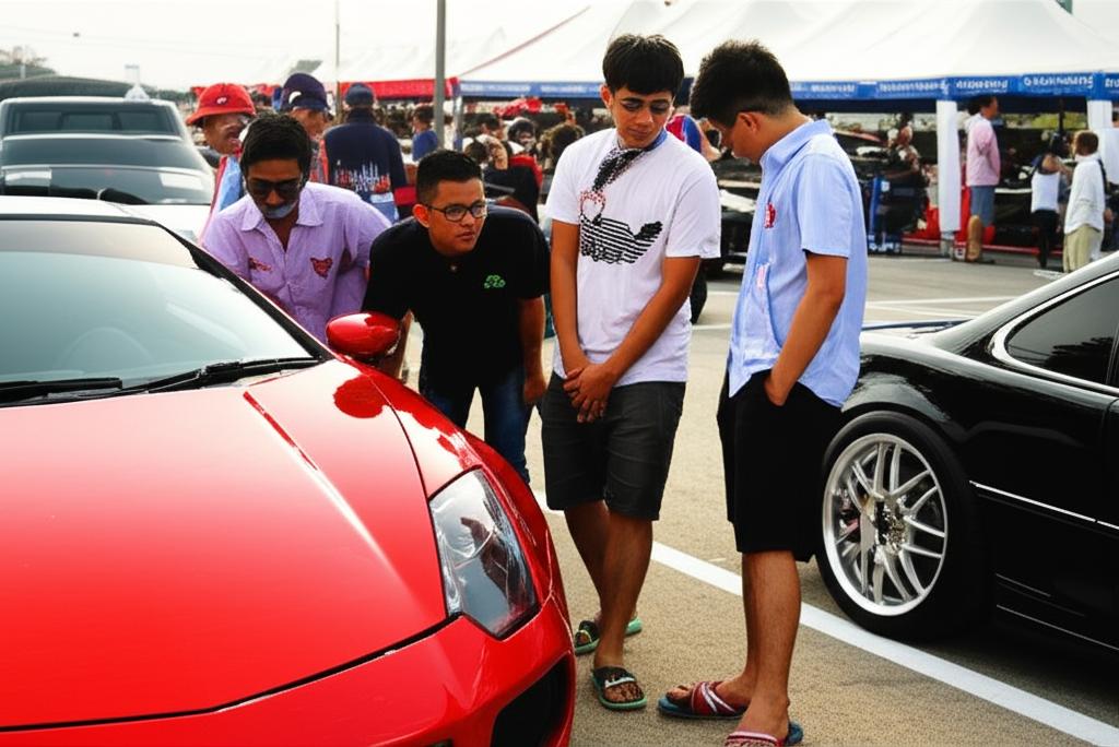 Young car enthusiasts admiring a clean car at a car meet in Thailand