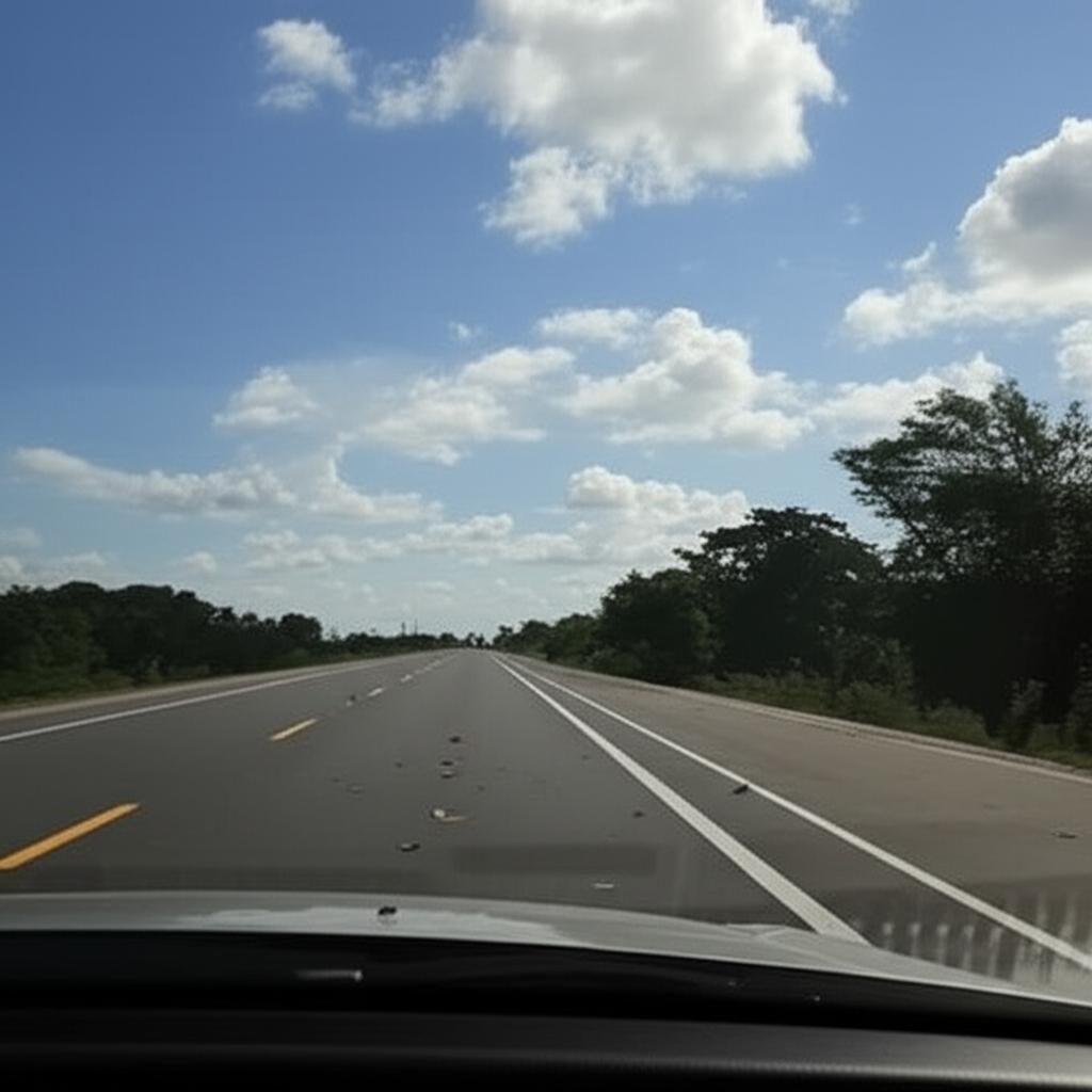 Car driving on a long road between Bangkok and Chiang Mai with potential road debris