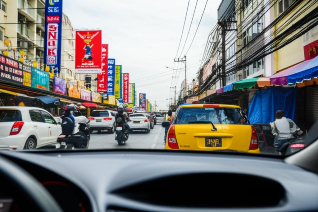 Car driving through busy Bangkok street with vibrant colors