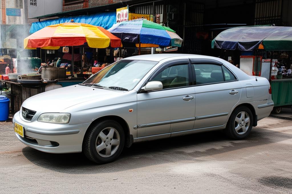 Car parked near a food stall in Thailand, showing potential exposure to elements