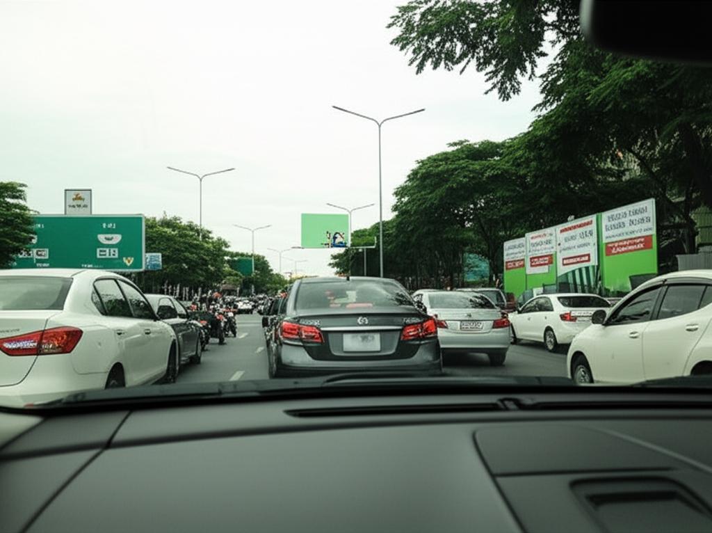 Car driving through busy Bangkok street traffic