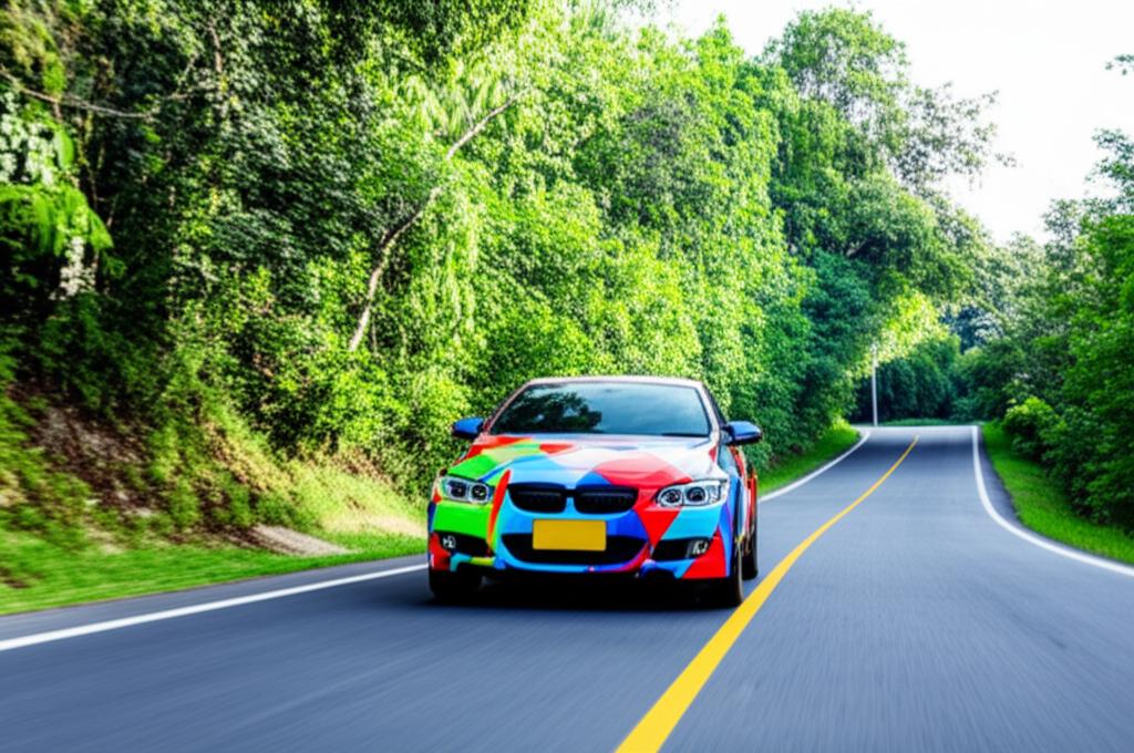 Car driving on a scenic road in Thailand with vibrant paint