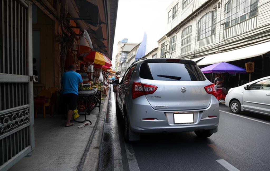 Car navigating a tight parking spot in a Thai city