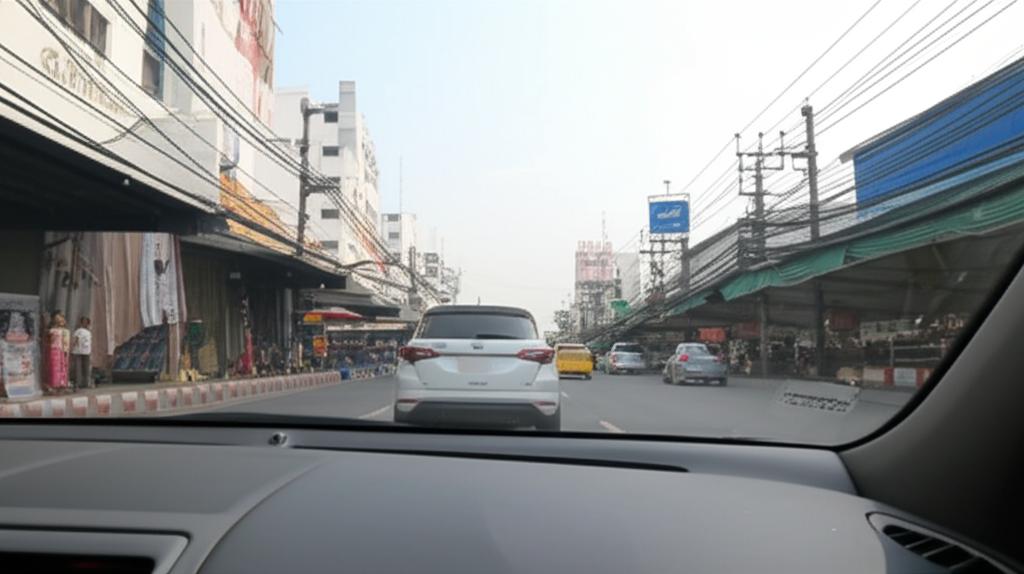 Car driving on a sunny, busy street in Bangkok