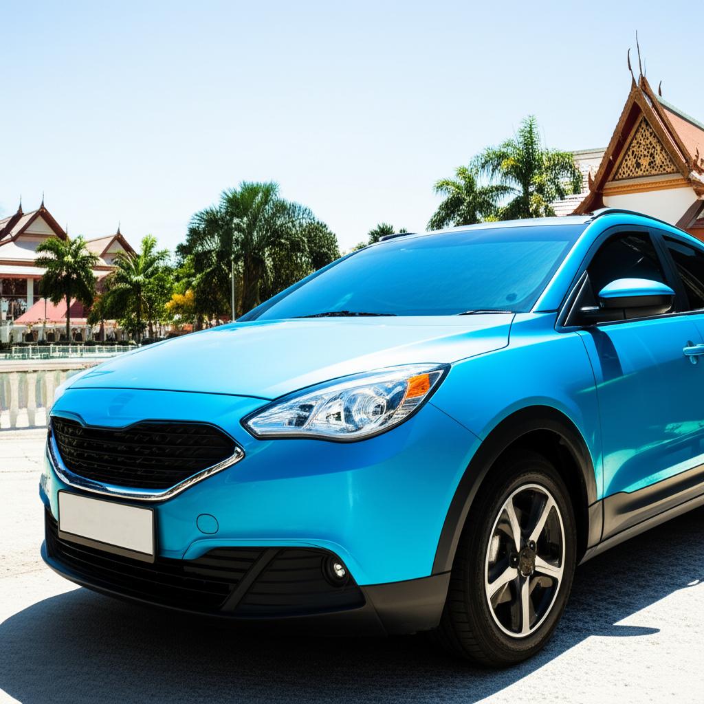 An electric vehicle parked under intense sunlight in Thailand, highlighting the need for paint protection.