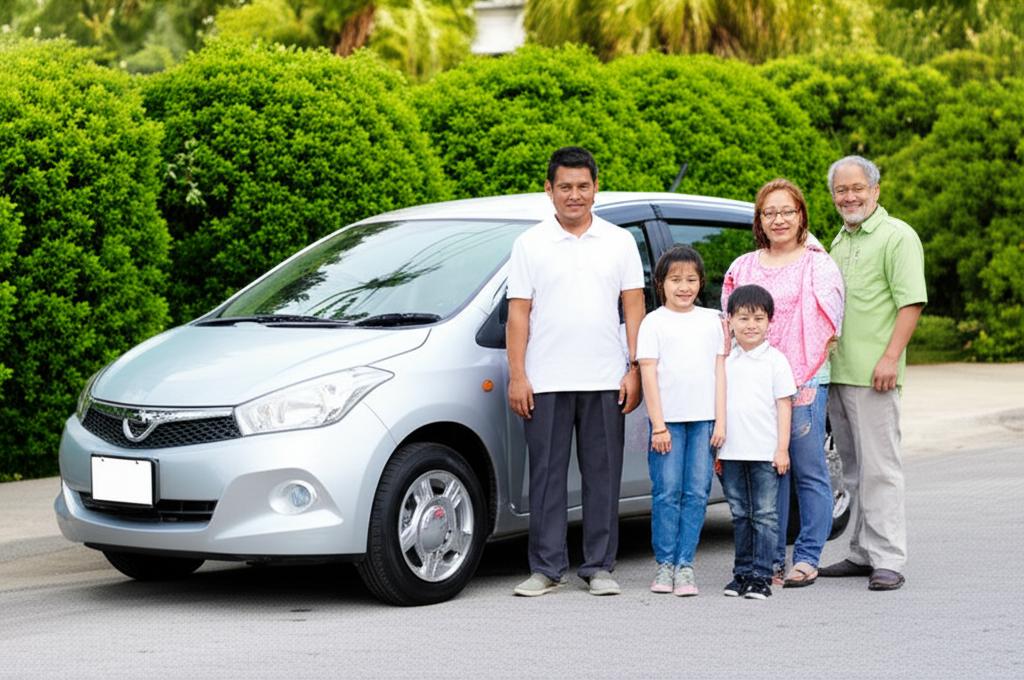 Family standing proudly next to their new, shiny car in Thailand