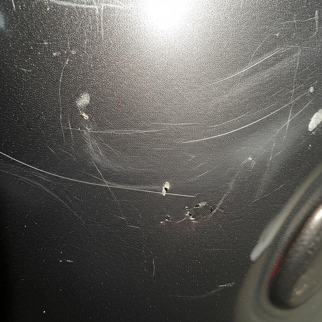 A close-up of a car paint surface showing small scratches and chips