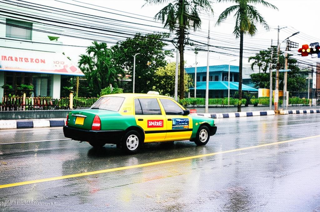 Taxi driving under hot sun and rain in Thailand