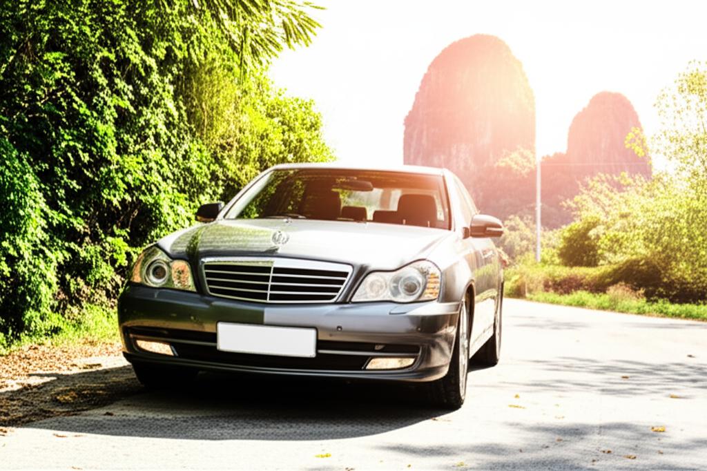A beautiful car parked in a scenic Thai location under bright sun, symbolizing a wedding road trip dream.