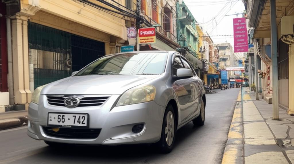 Car navigating a narrow street in a Thai city, showing potential for scratches