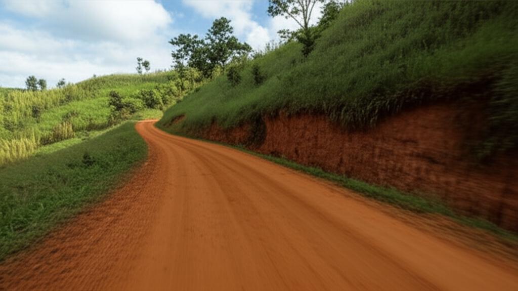 Car driving on a dusty road in Northern Thailand mountains