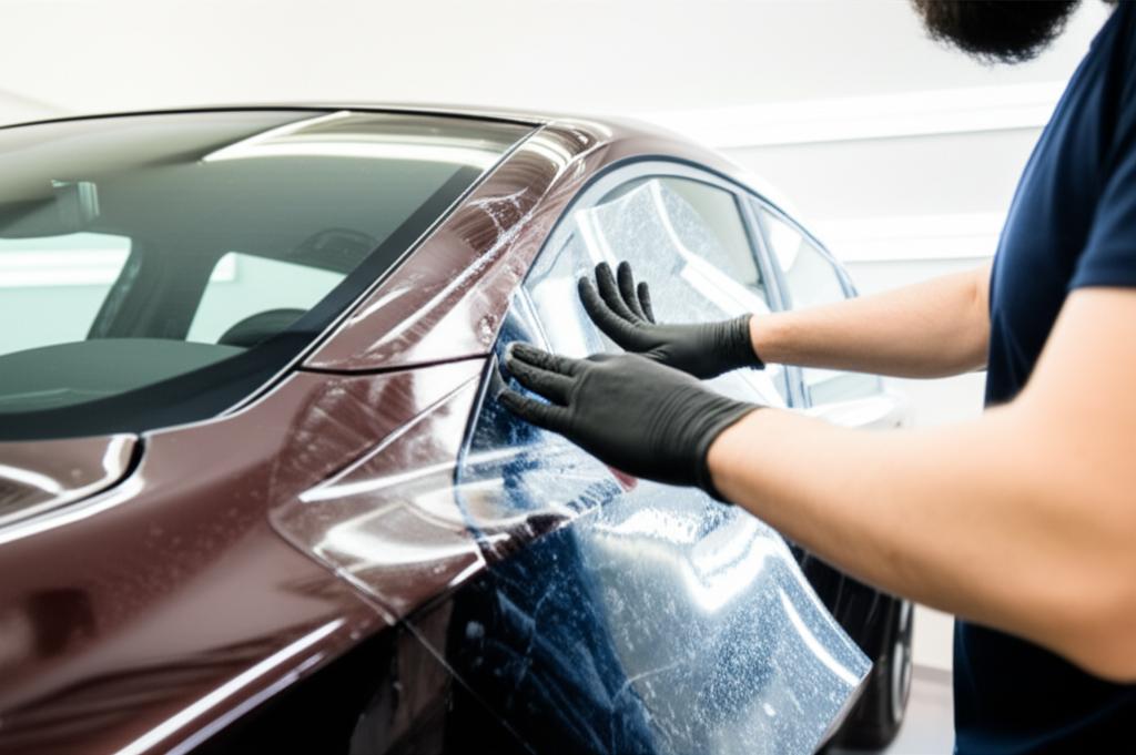 Expert technician applying clear TPU film to a car