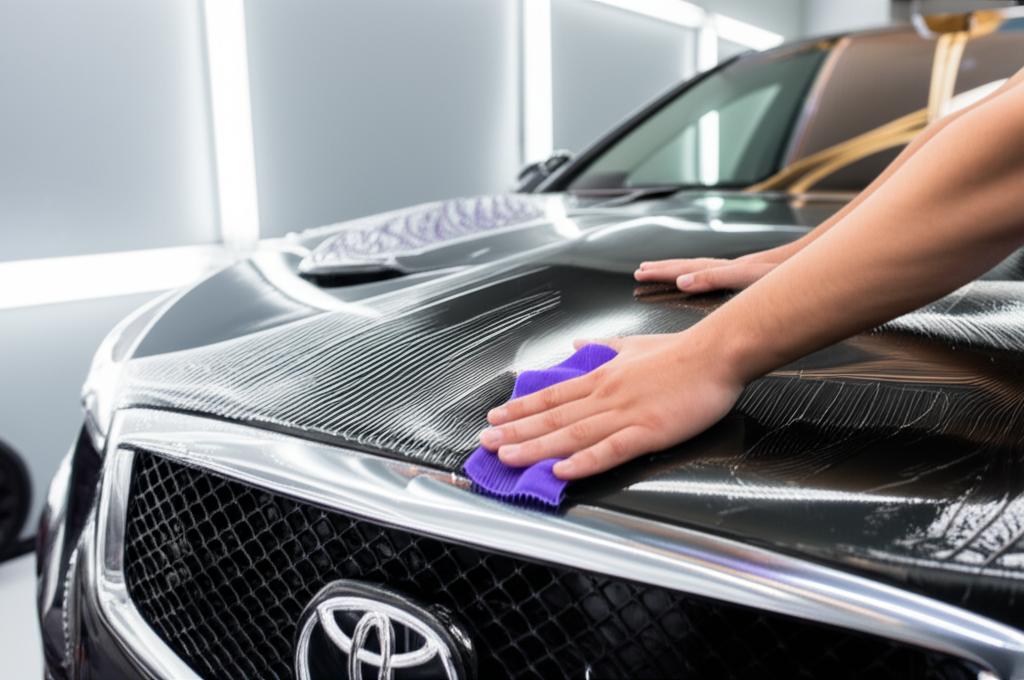 Professional applying clear protective film to a car