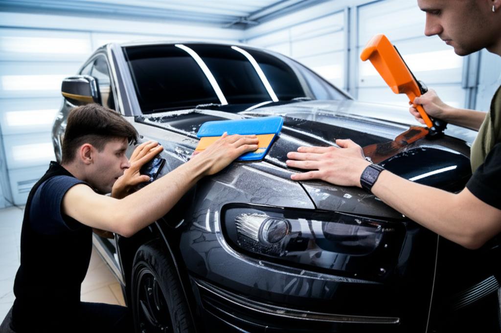 Skilled technicians applying clear TPU film to a car