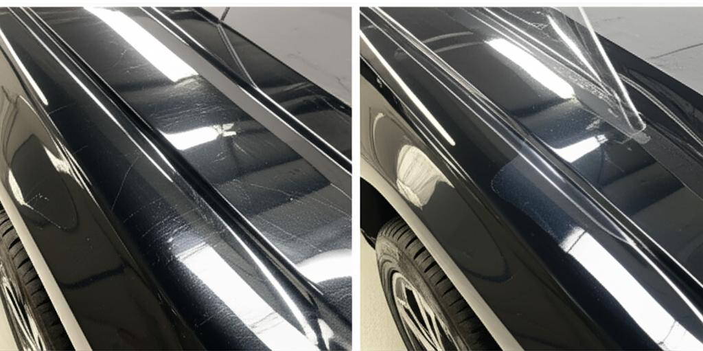 Before and after image showing a car hood with visible scratches and then protected by a clear film