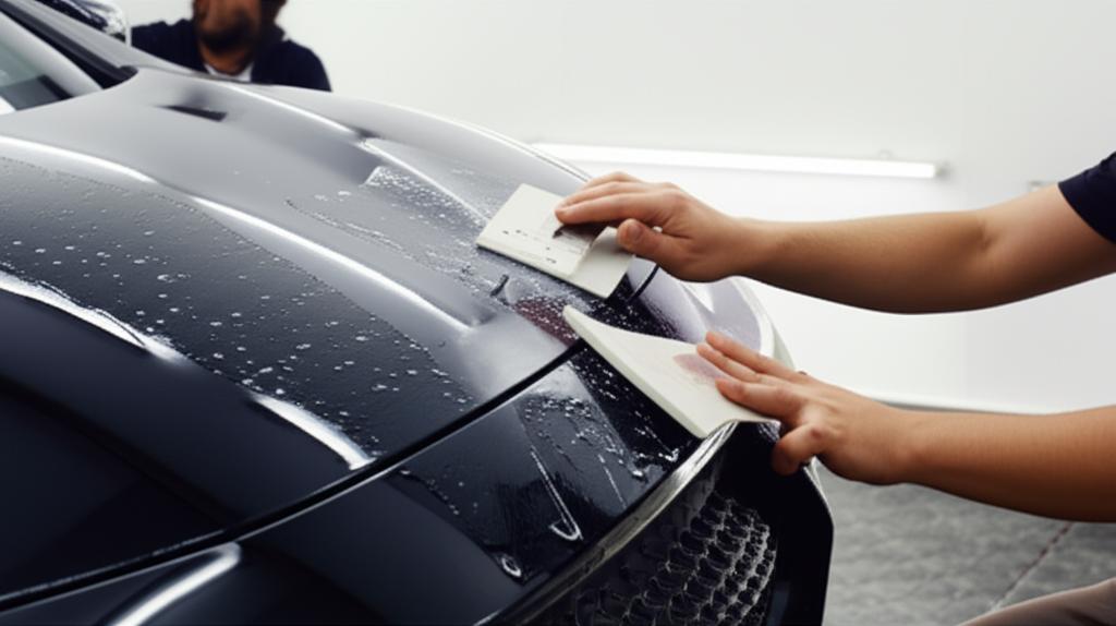 Car being wrapped with TPU film by professional installers