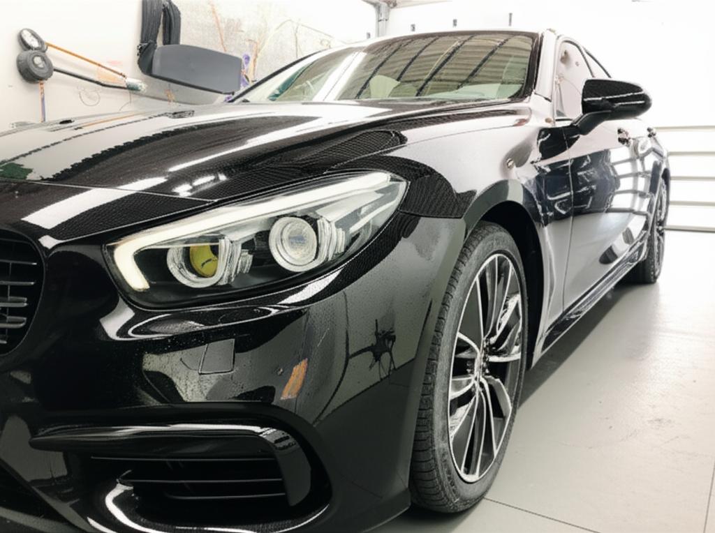 A car being wrapped with protective film.