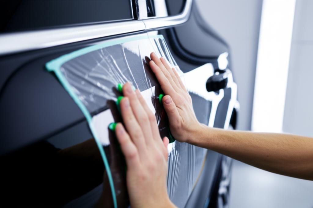 Skilled technician applying TPU film to a car panel