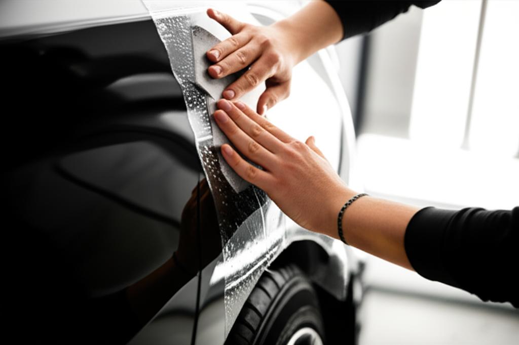 Close-up image showing a car panel being wrapped with clear TPU film by a professional installer.