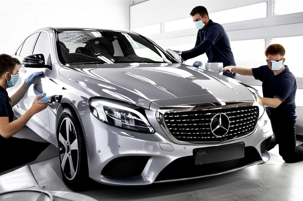 Car being wrapped with protective film by skilled technicians