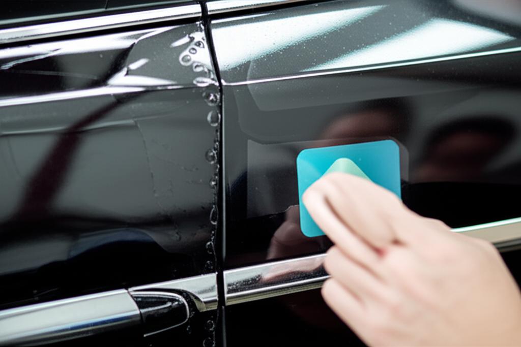 Close-up of a car panel with protective film being applied