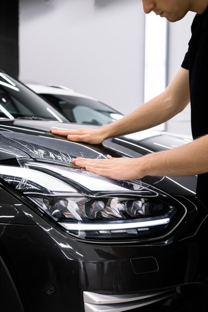 A skilled technician applying TPU film to the hood of an electric vehicle, showing the precision involved.