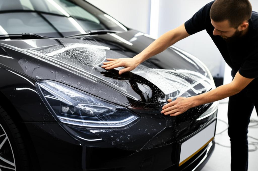 Car being wrapped with clear protective film by a professional installer