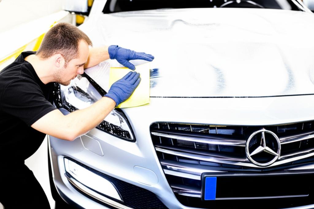 Car being meticulously wrapped with clear protective film in a clean workshop