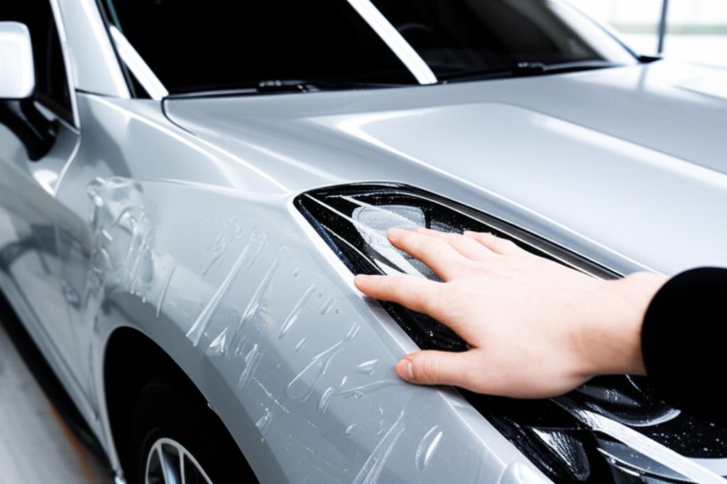Car undergoing TPU film installation process