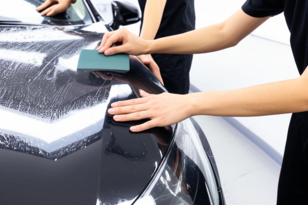 Technicians installing TPU film on a luxury car