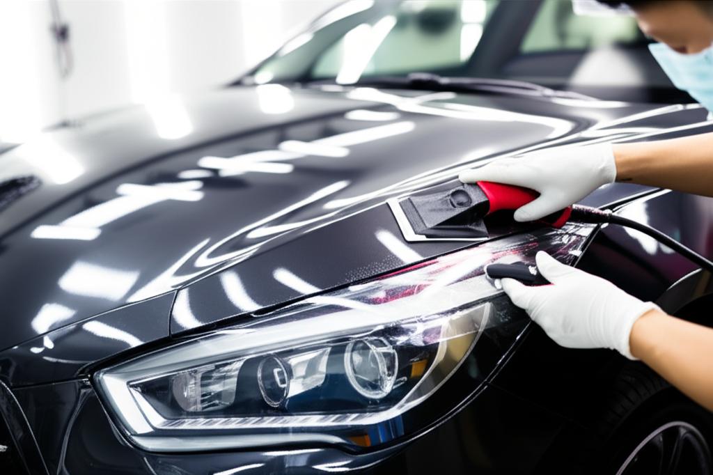 Car undergoing professional TPU film application