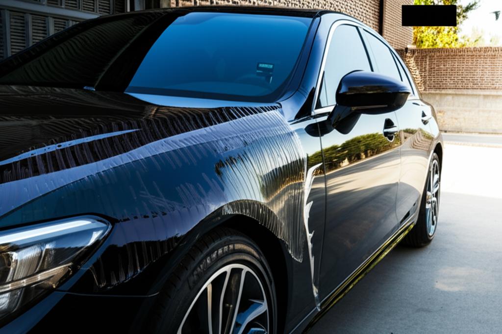 Close-up view of a car panel being wrapped with TPU film