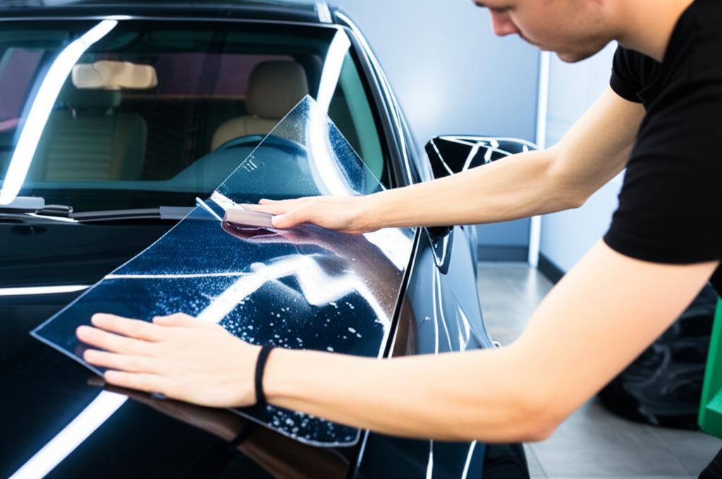 Technicians expertly applying transparent protective film to a car
