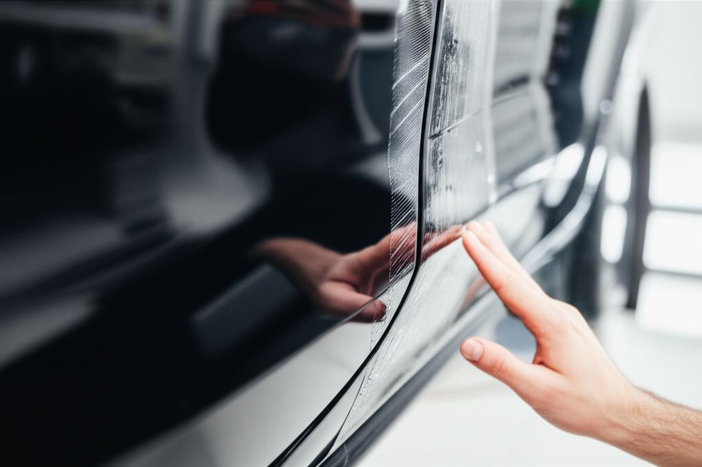 Close-up of a car panel being wrapped with protective film by a professional