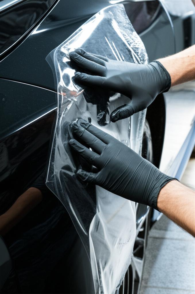 Technician applying protective film to a car fender