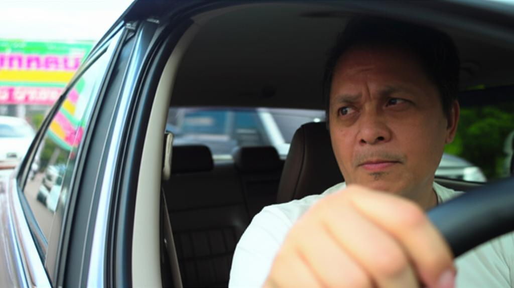 A new driver looking slightly worried about potential car damage in Thailand traffic.