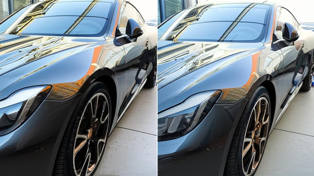 Before and after image showing a car receiving a transparent TPU wrap installation.