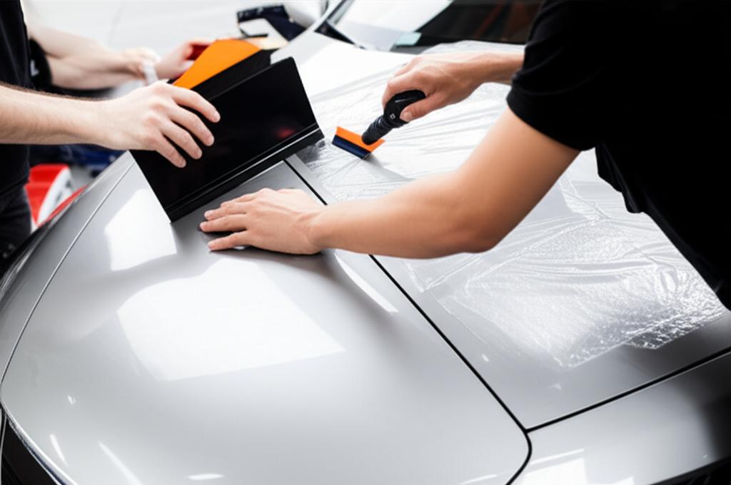 Technicians applying TPU film to a car