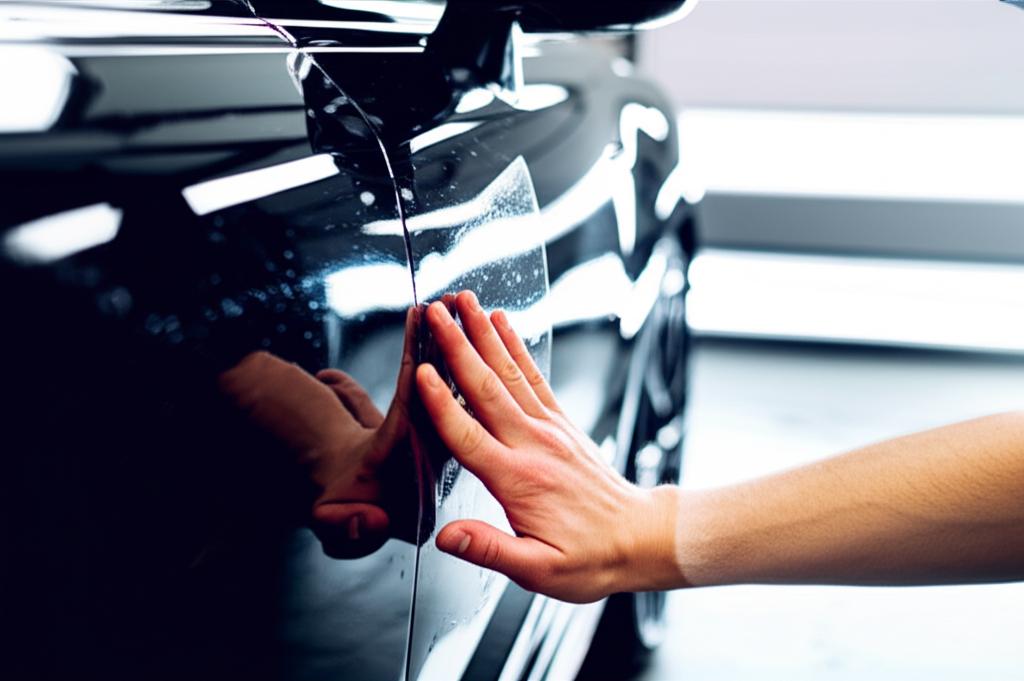 Professional installer applying TPU film to a car panel