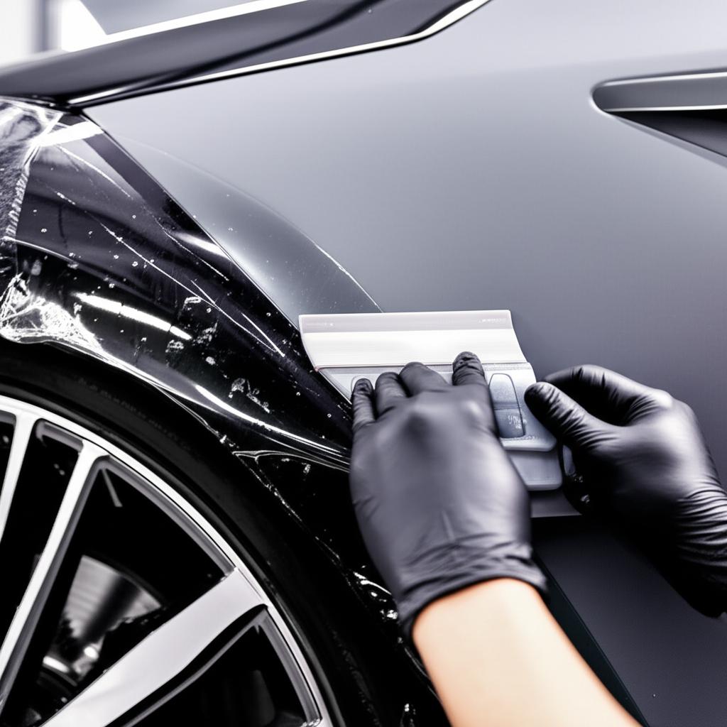 Technician applying clear TPU film to a car panel