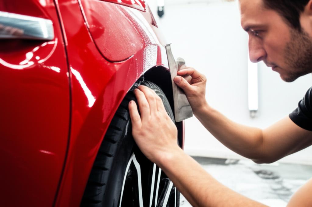 A technician expertly applying TPU film to a car